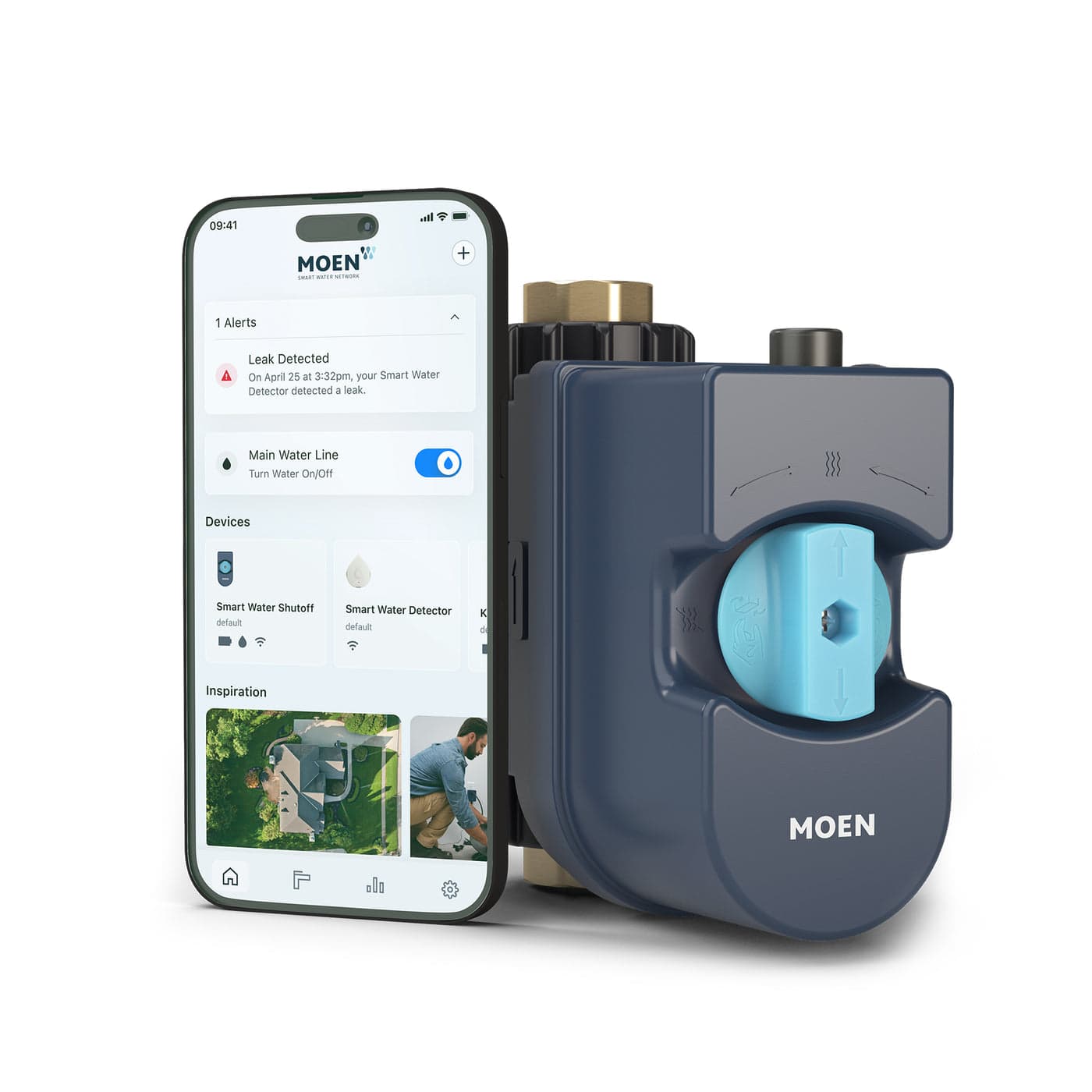 Smart leak-detection and auto-shutoff valve installed on the main water line